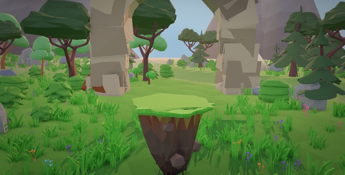 Dawn Highlands world with a monumental stone arch and lush forest