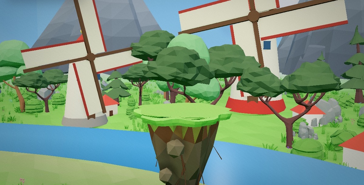Azure Meadow world with windmills, mountains, and a blue river