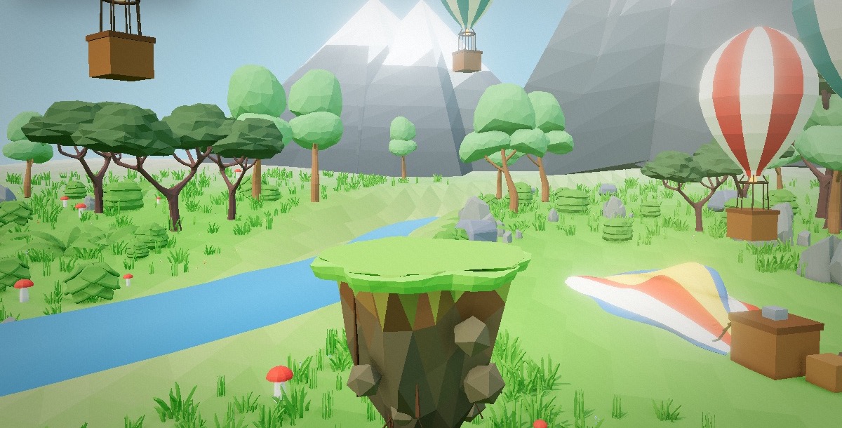Emerald Meadow world with hot-air balloons, mountains, and a river