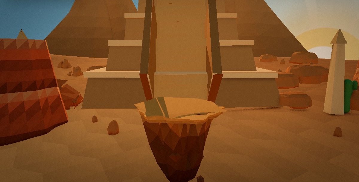 Desert Mesas world with pyramids, sandstone formations, and a setting sun