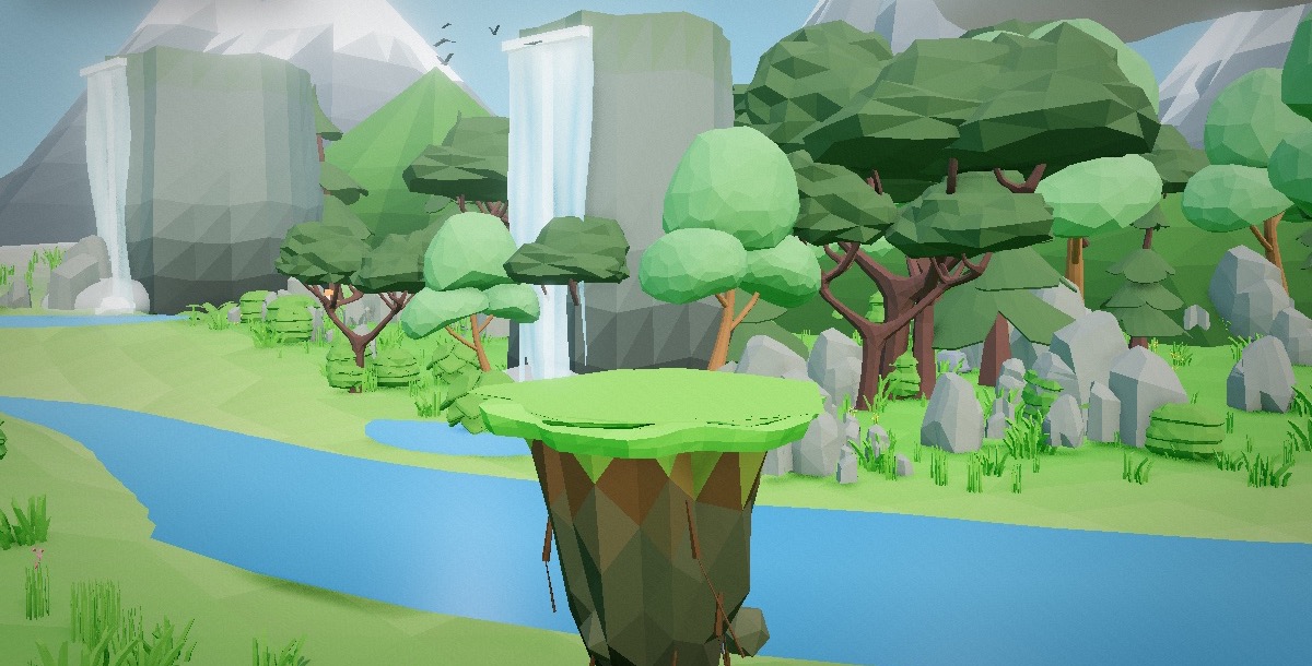 Verdant Vale world with waterfalls, forest, and mountain cliffs