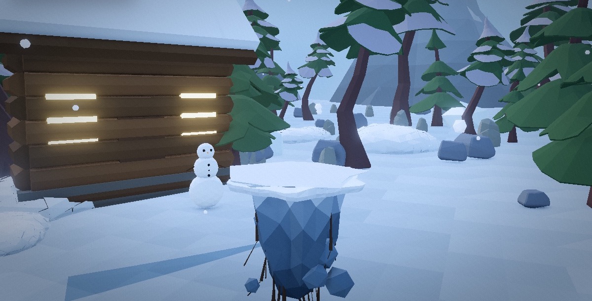 Frozen Peaks world with a snow-covered cabin, trees, and mountains