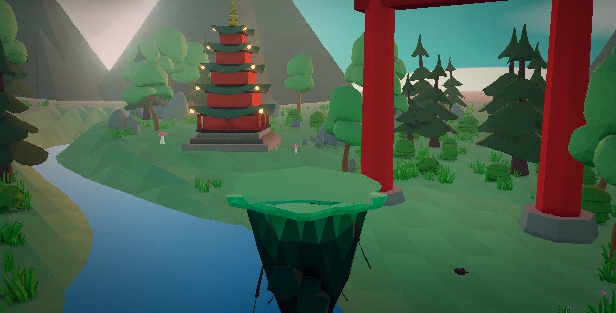 Jade Twilight world with a torii gate, pagoda, and river