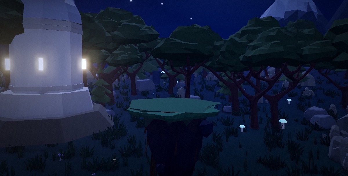 Starlit Night world with a pale tower, glowing mushrooms, and stars