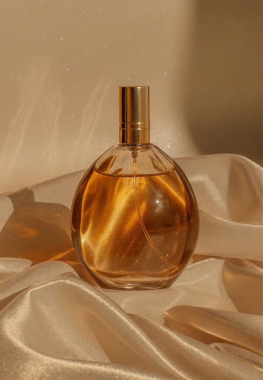 Golden perfume bottle glowing on champagne silk in warm sunlight
